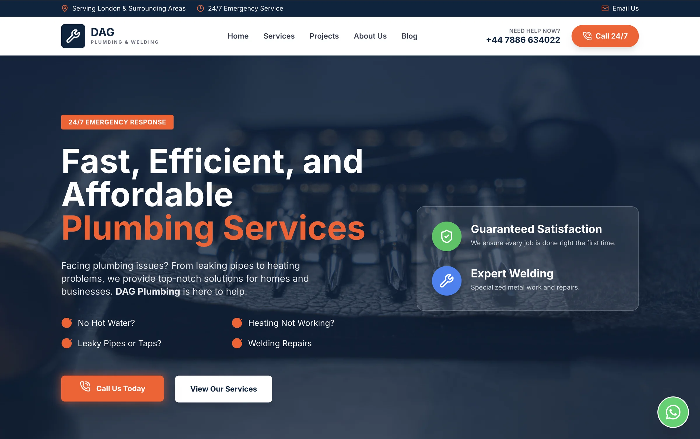 DAG Plumbing — A clear, service-focused hero with prominent contact options